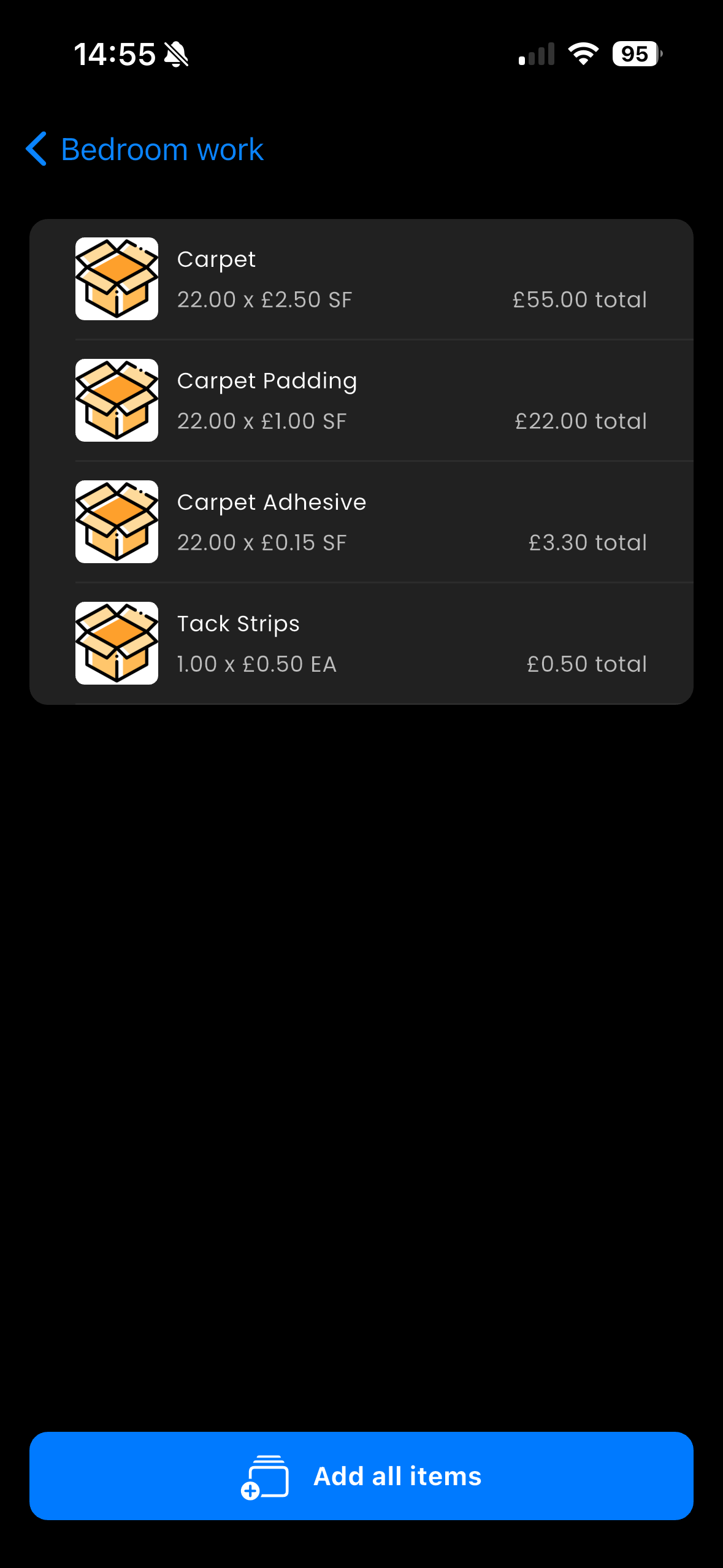 AI suggested items screen